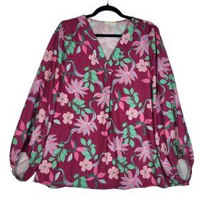 Cotton Bleu Top Blouse Women's XL Pink Floral Boho Balloon Sleeves Silky Peasant